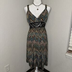 Y2K Studio West Midi Dress Women's Large Boho Chevron‎ Print Studded Belt V-Neck